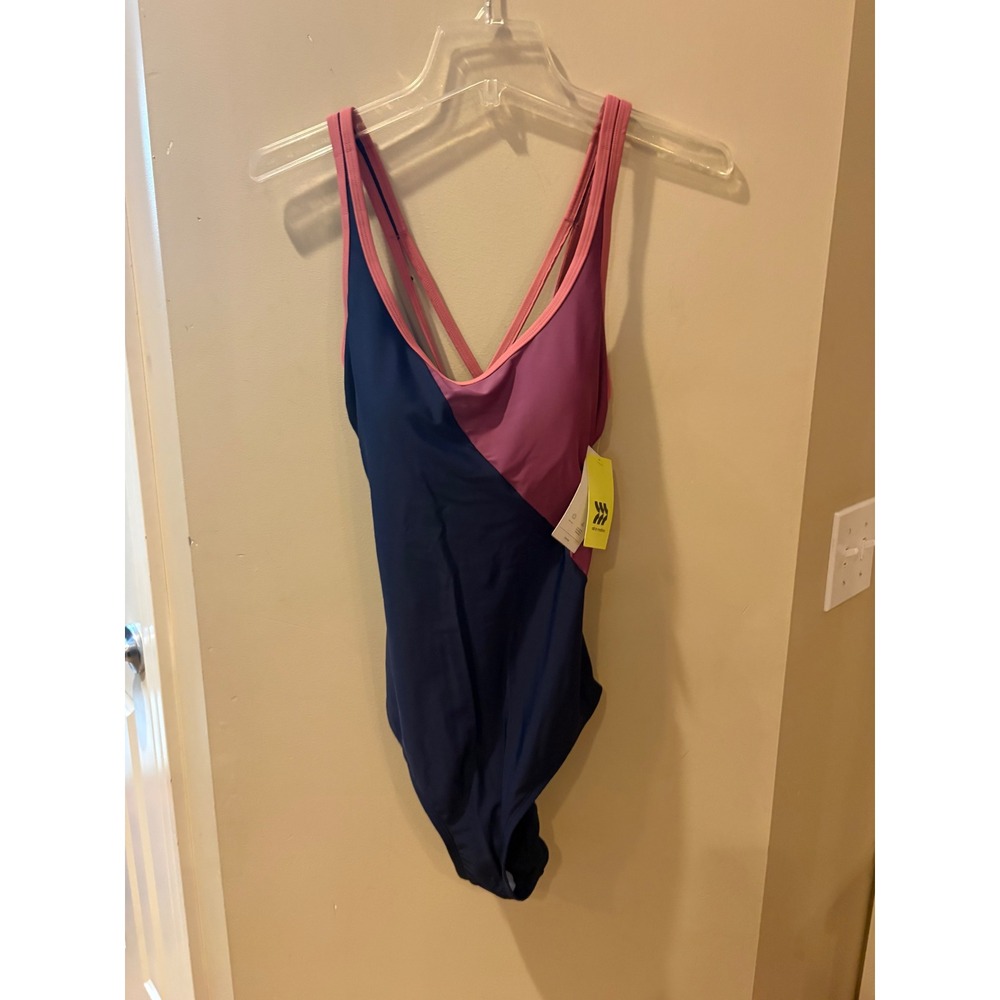 All in Motion Womens Colorblock One Piece Swimsuit Navy Pink Size L 12-14 NWT